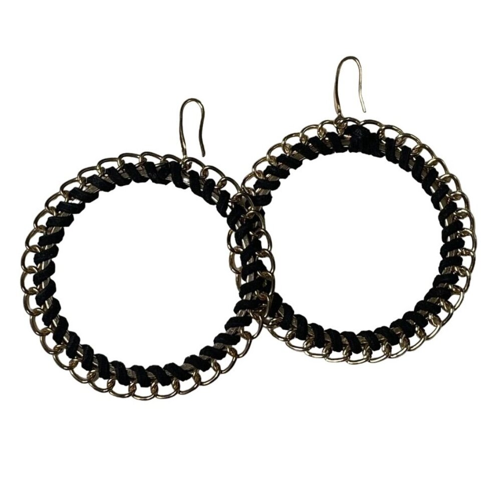 Handcrafted Gold  Black Woven Hoop Earrings Womens Jewelry  u